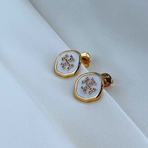 Tory Burch Elegant Gold and White Stud Earrings